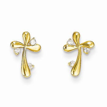 14k Yellow Gold CZ Cross Post Earrings