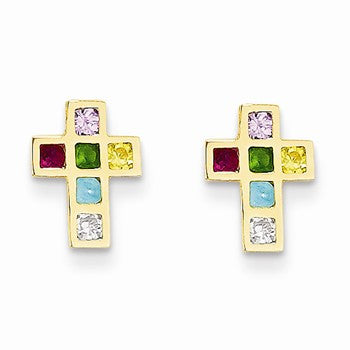 14k Yellow Gold Multi-colored CZ Cross Post Earrings