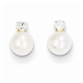14k Yellow Gold CZ 5mm Freshwater Cultured Pearl Post Earrings