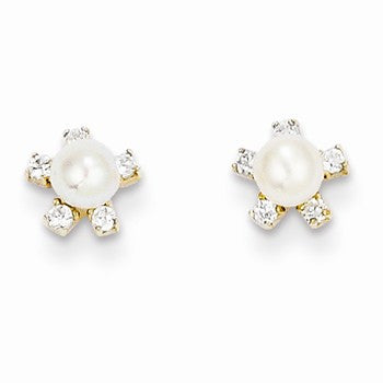 14k Yellow Gold CZ Freshwater Cultured Pearl Flower Post Earrings