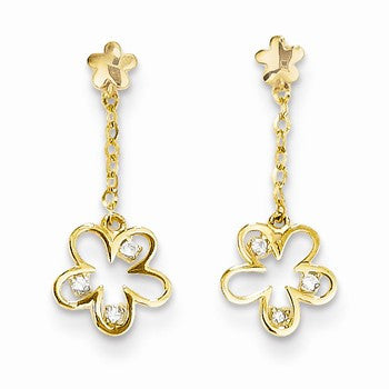 14k Yellow Gold CZ Flower Dangle Post Earrings