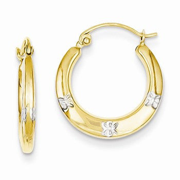 14k Yellow Gold Rhodium Flowers Hollow Hoop Earrings