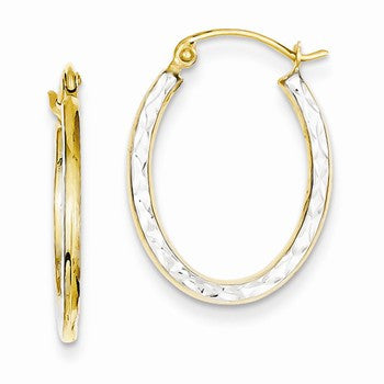 14k Yellow Gold Rhodium Textured Hollow Oval Hoop Earrings