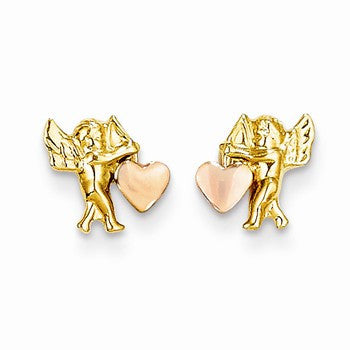 14k Yellow Gold Polished Rhodium Cupid Heart Post Earrings