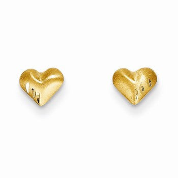 14k Yellow Gold Diamond-Cut Satin Puffed Heart Earrings