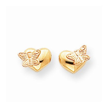14k Yellow Gold Polished Rhodium Butterfly Heart Screwback Earrings