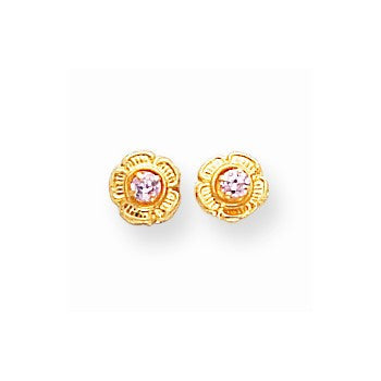 14k Yellow Gold Pink CZ on Flower Screwback Earrings