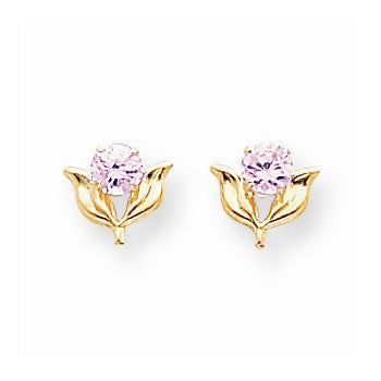 14k Yellow Gold Pink CZ Flower Post Earrings