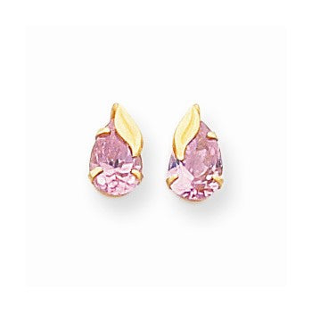 14k Yellow Gold Pink Pear Shaped CZ with Leaf Post Earrings