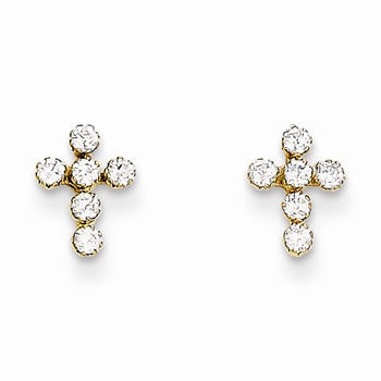14k Yellow Gold CZ Cross Post Earrings