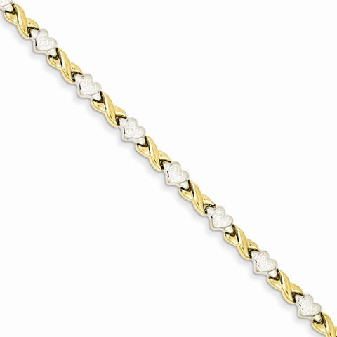 14K Yellow Gold Rhodium Polished Heart & X Bracelet