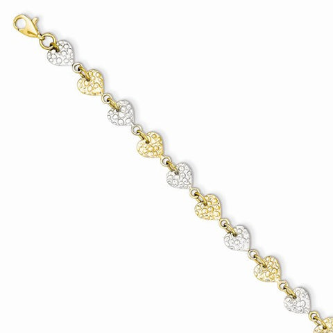 14K White and Yellow Gold Hammered Hearts Bracelet