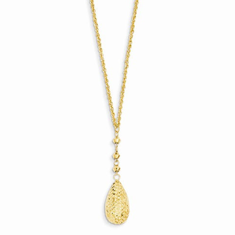 14K Yellow Gold Puff Teardrop & Bead Lariat Necklace
