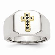 Stainless Steel & 14k Yellow Gold w/Sapphires Cross Ring