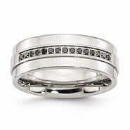 Stainless Steel Polished & Black Diamonds 8mm Wedding Band