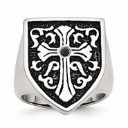 Stainless Steel Cross w/Black Diamond Antiqued Shield Ring