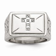 Stainless Steel Diamond Cross w/Textured Sides Ring