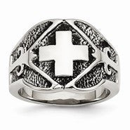 Stainless Steel Polished & Antiqued Cross Ring