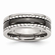 Stainless Steel with Sawtooth Accent & Black Ceramic Center Wedding Band