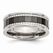 Stainless Steel with Sawtooth Accent/Black Ceramic Center Faceted Wedding Band