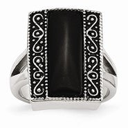 Stainless Steel Black Onyx Antiqued Rectangular Ring