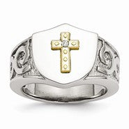 Stainless Steel with 10k Yellow Gold Cross and Diamond Polished Ring
