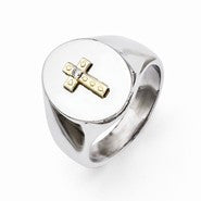 Stainless Steel with 10k Yellow Gold Cross and Diamond Polished Ring