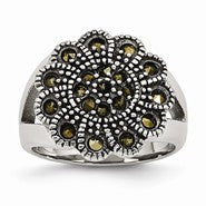Stainless Steel Textured Flower Marcasite Ring
