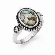 Stainless Steel Polished and Antiqued Synthetic Abalone and CZ Ring