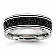 Stainless Steel Polished Grooved/Genuine Stingray Textured 8mm Ring
