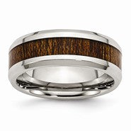 Stainless Steel Polished Brown Wood Inlay Enameled 7.8mm Ring