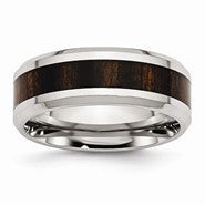Stainless Steel Polished Black Wood Inlay Enameled 7.8mm Ring