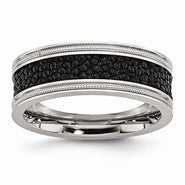 Stainless Steel Polished Black IP-plated & Genuine Stingray Textured Ring