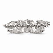 Stainless Steel Polished & Antiqued Leaf Two Finger 6/7 Crystal Ring