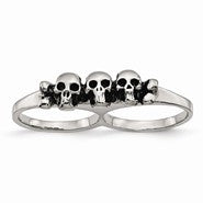 Stainless Steel Polished & Antiqued Two Finger 6/7 Skulls Ring