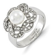 Stainless Steel Cultured Pearl & CZ Ring