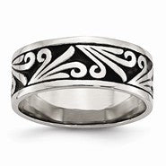 Stainless Steel Fancy Design Antiqued Ridged Edge 8mm Wedding Band