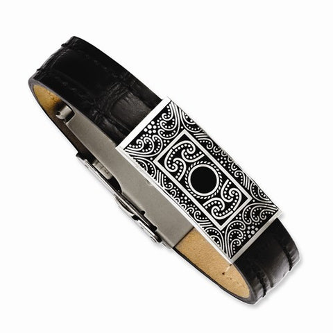 Stainless Steel Black Leather with Decorative Accent Bracelet