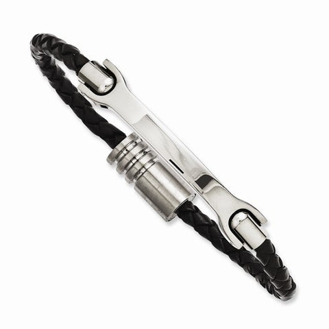 Stainless Steel Black Leather with Id Plate Bracelet