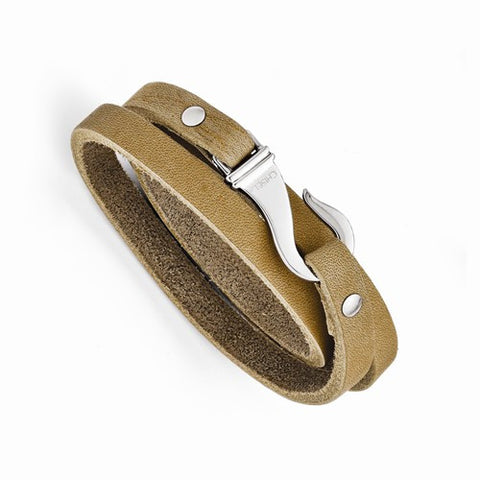 Stainless Steel Light Brown Leather Wrap Bracelet
