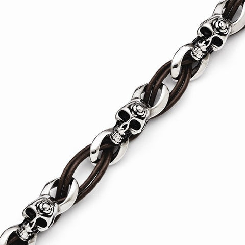 Stainless Steel Polished Skulls Roses Brown Leather Bracelet