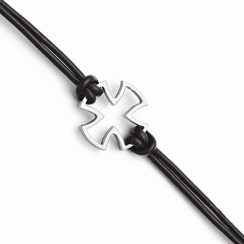 Stainless Steel Polished Cross Black Leather Bracelet