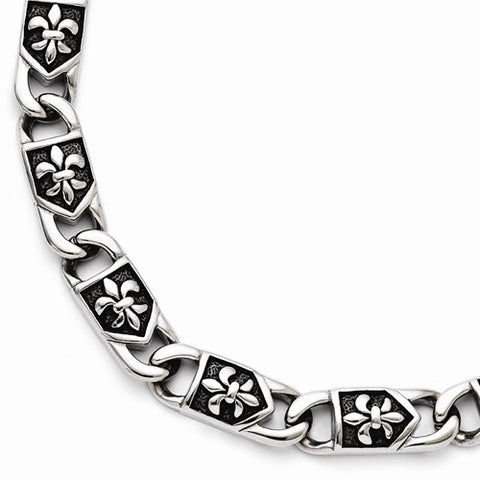 Stainless Steel Polished Antiqued Fleur De Lis Bracelet