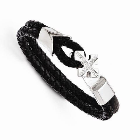 Stainless Steel Polished Cz Cross Leather Bracelet