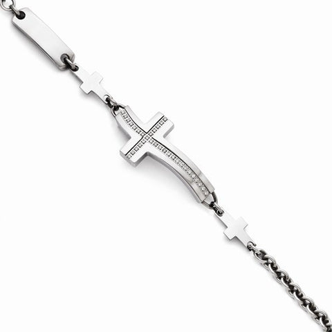 Stainless Steel Polished Wavy Cz Sideways Cross Bracelet