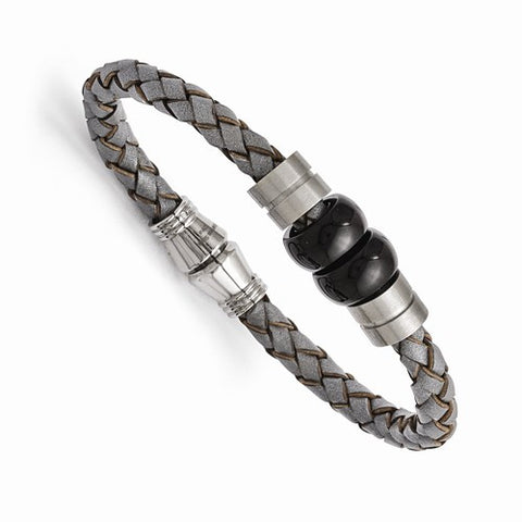 Stainless Steel Brushed Agate Beads and Grey Woven Leather Bracelet