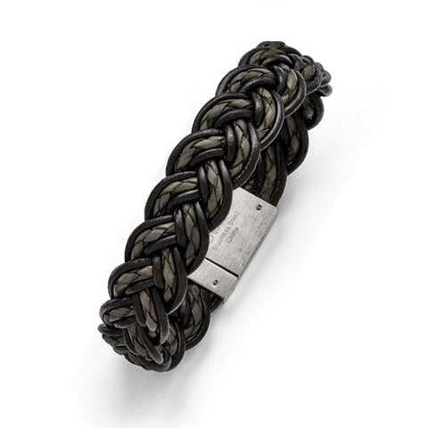 Stainless Steel Brushed Black and Grey Woven Leather Bracelet