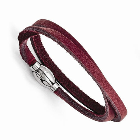 Stainless Steel Polished Purple Leather Wrap Bracelet
