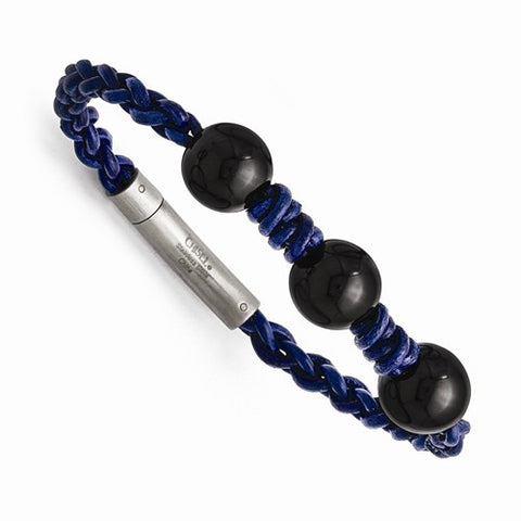 Stainless Steel Black Agate Bead and Blue Braided Leather Bracelet
