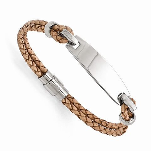 Stainless Steel Polished Id and Tan Leather Woven Bracelet